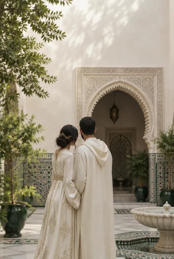 Couple de dos dans le patio d'un riad, caftan ivoire et djellaba crème, palette ivoire et vert profond.